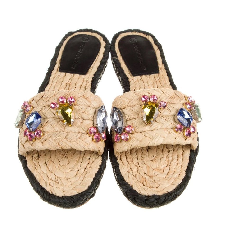 TORY BURCH RAFFIA CRYSTAL EMBELLISHMENTS SLIDES.  Never Worn!
